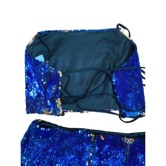 Halter Top Mini Blue & Orange Sequin Skirt Set sz m - Picture 4 of 6